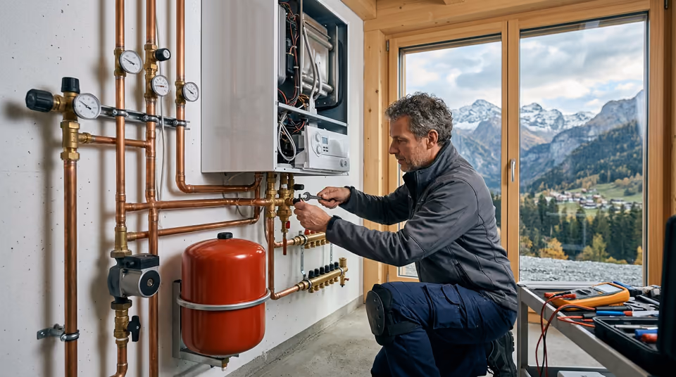 Heizungstechniker wartet eine moderne Heizungsanlage