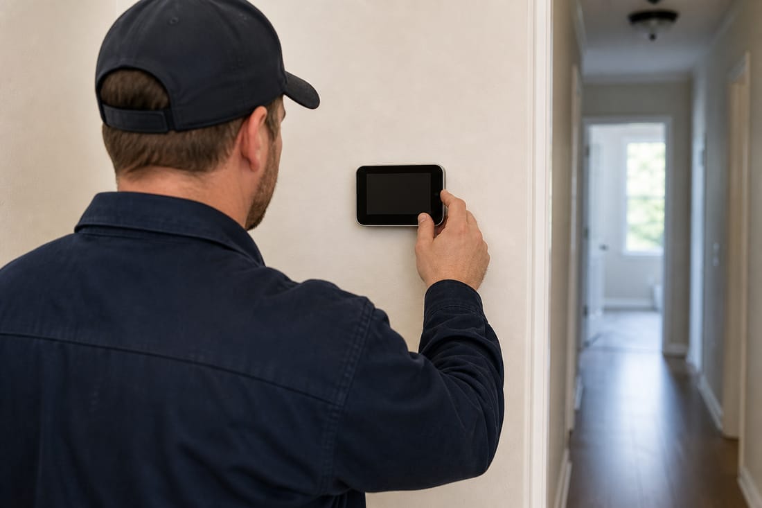 Beispiel: Heizungsmonteur programmiert ein Thermostat, von hinten