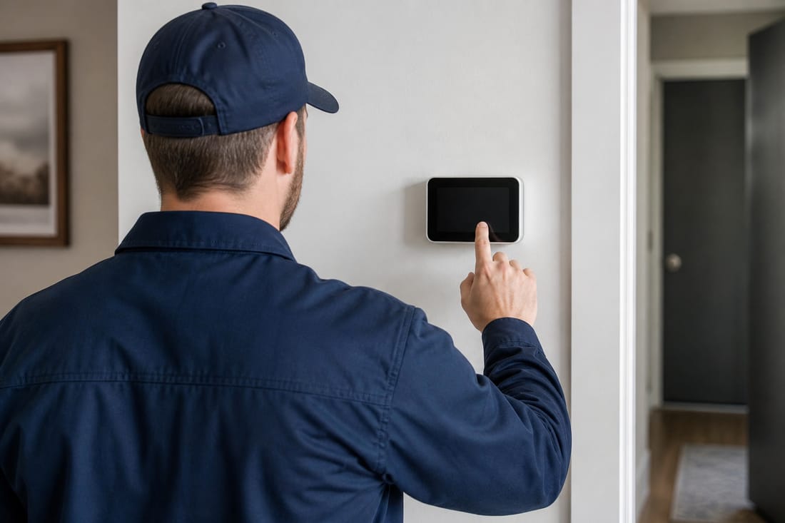 Beispiel: Heizungsmonteur stellt ein Wandthermostat ein, von hinten