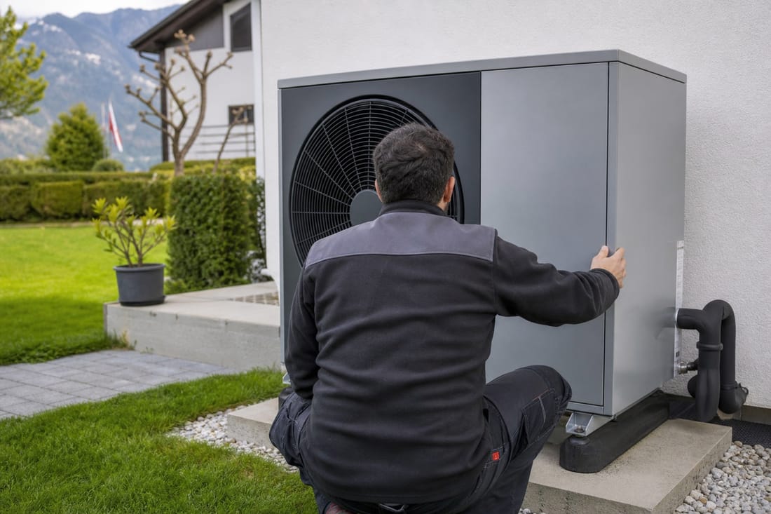 Beispiel: Heizungsmonteur inspiziert eine Wärmepumpe, von hinten